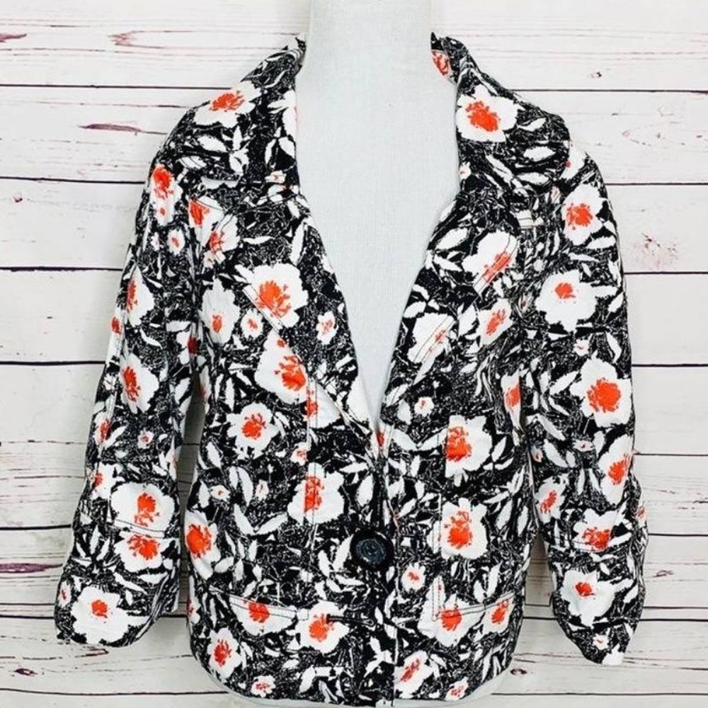 Sharagano Black White & Red Floral Blazer Jacket Women’s Size L
